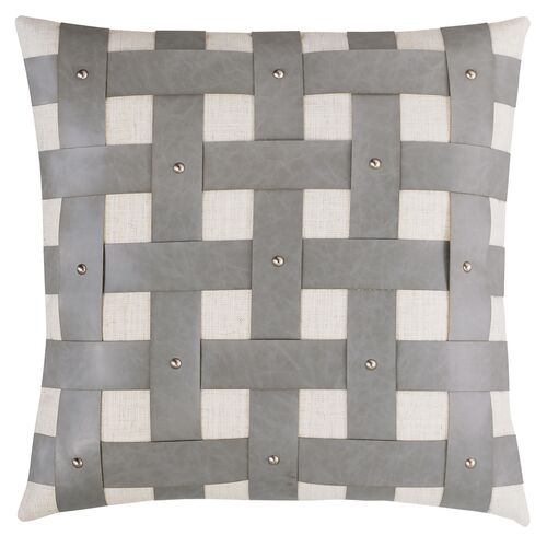 Oliver Basketweave Faux Leather Pillow, Grey/White Oliver Basketweave Faux Leather Pillow, Grey/White