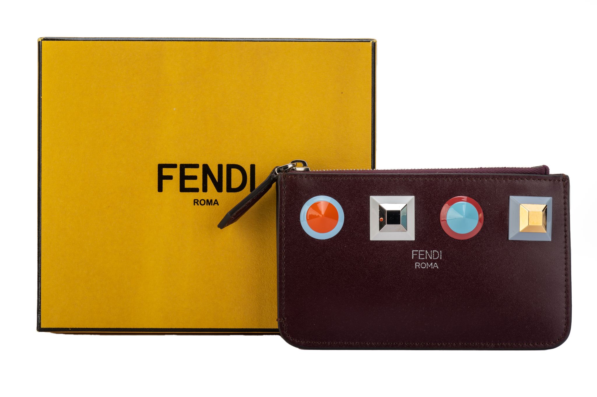 Fendi NIB Burgundy Zipped Wallet W/Studs~P77657700