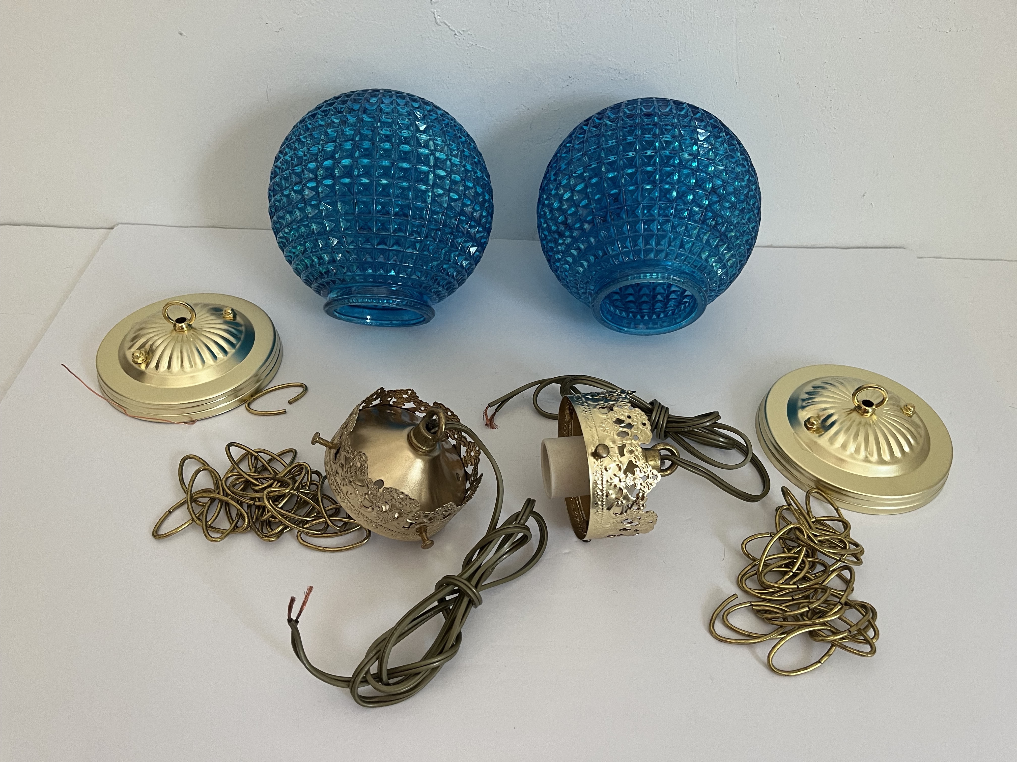 1960s Blue Glass Globe Lights, Pair~P77687980