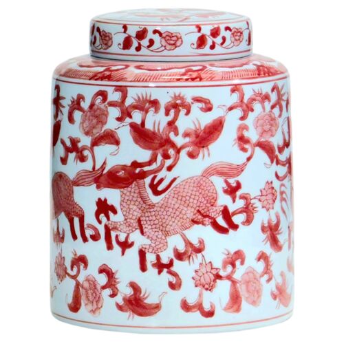 10.5" Round Jar with Deer Design, Red