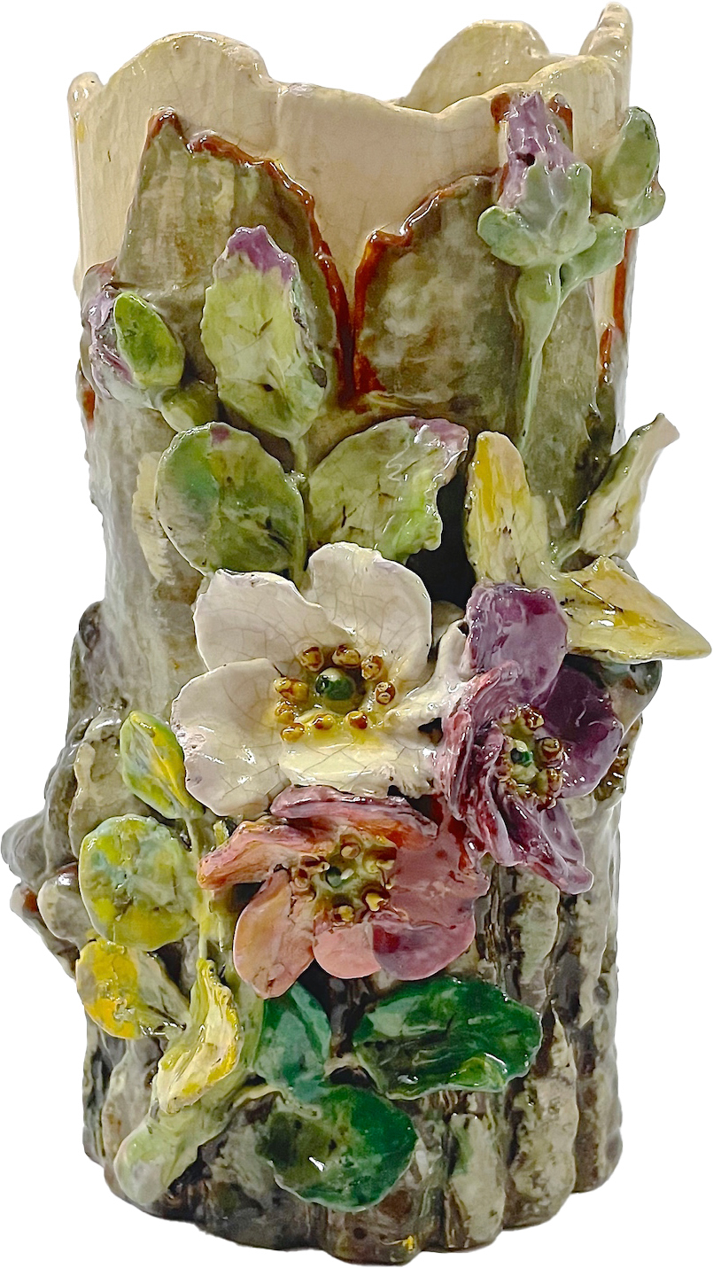 Barbotine Majolica Log & Floral Vase~P77622653