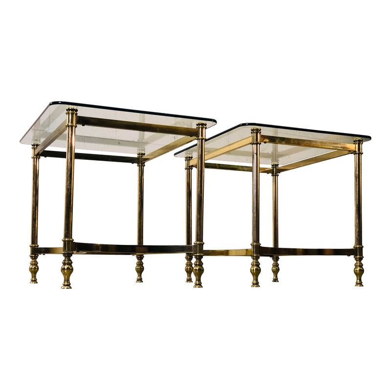 1960s Brass & Glass Top Side Tables, S/2