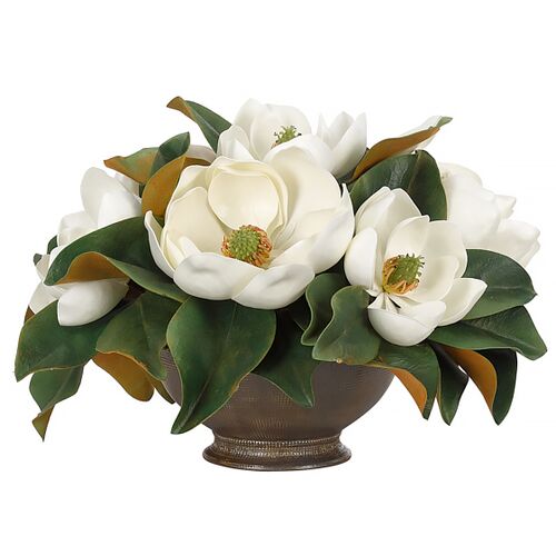 10" Magnolia Arrangement in Ceramic Bowl, Faux