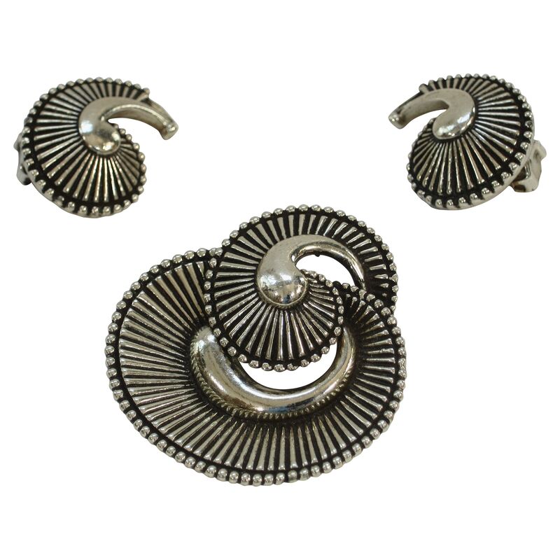 Silver Plate Nautilus Brooch w/ Earrings