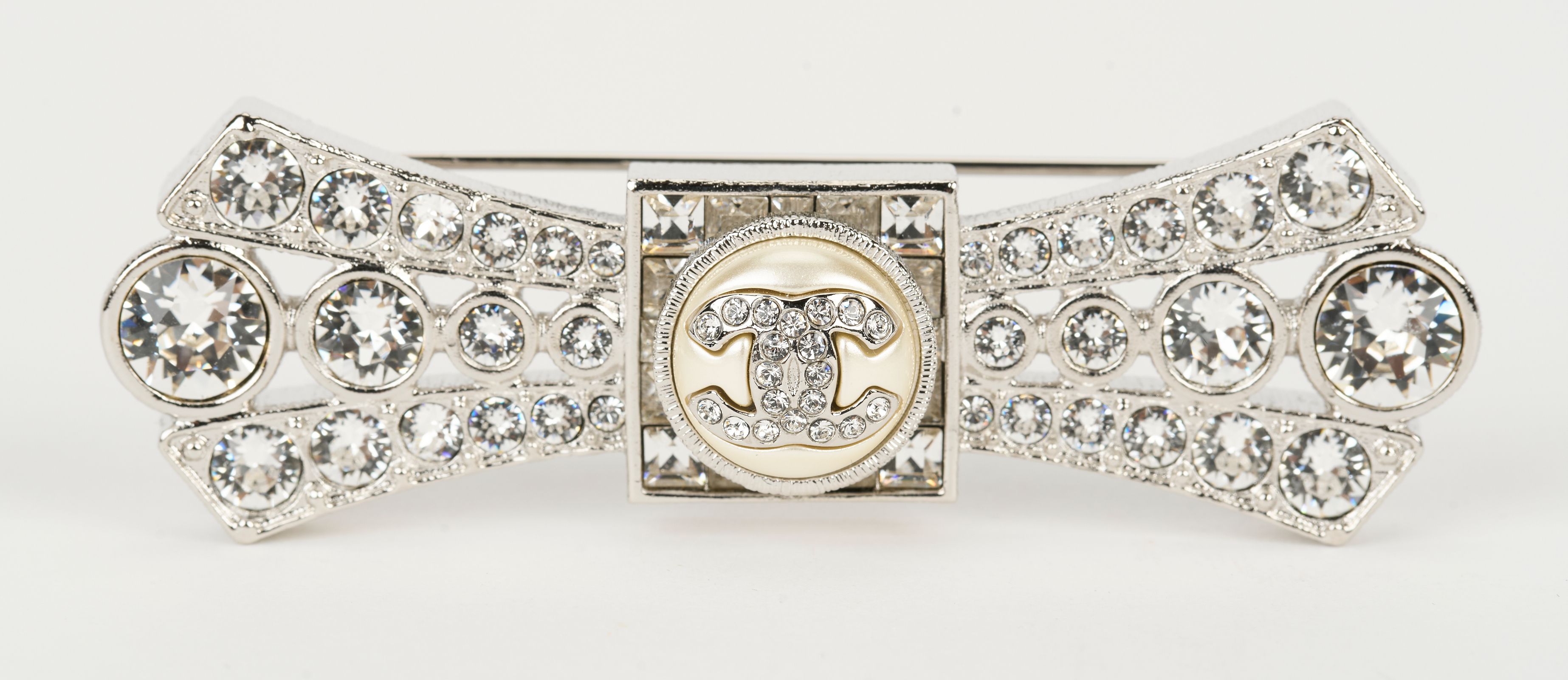 Chanel NIB Silver Box Crystal Logo Pin~P77717956
