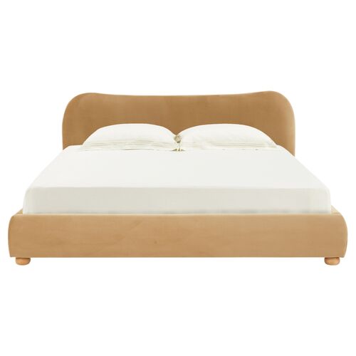 Ezrena Velvet Bed, Light Brown/Walnut
