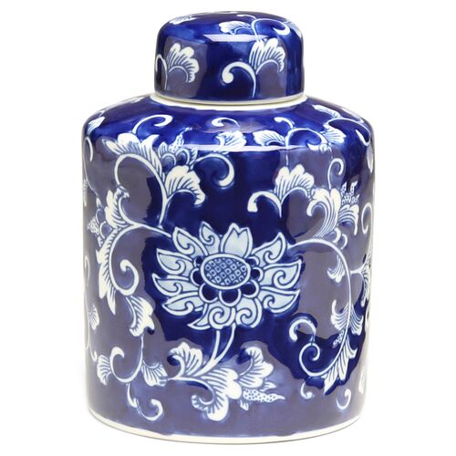 9" Lisse Cylindrical Ginger Jar, Blue/White~P77508535