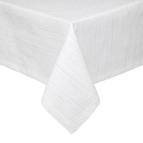 Vail Tablecloth, White with Silver Lines