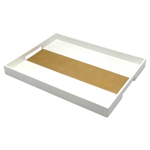 White & Gold Stripe Tray, White~P77641210