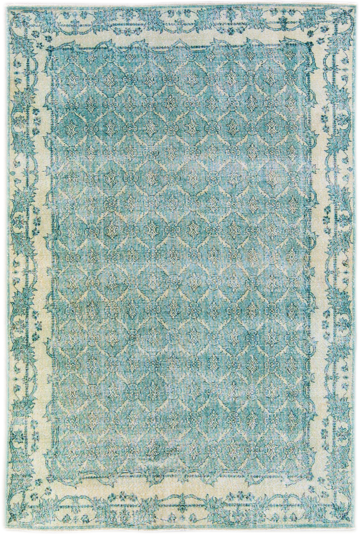 Vintage Turkish Teal Floral Wool Rug~P77651174