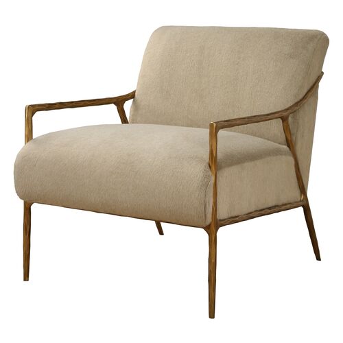 Elowynne Faux Fur Accent Chair, Brass/Brown