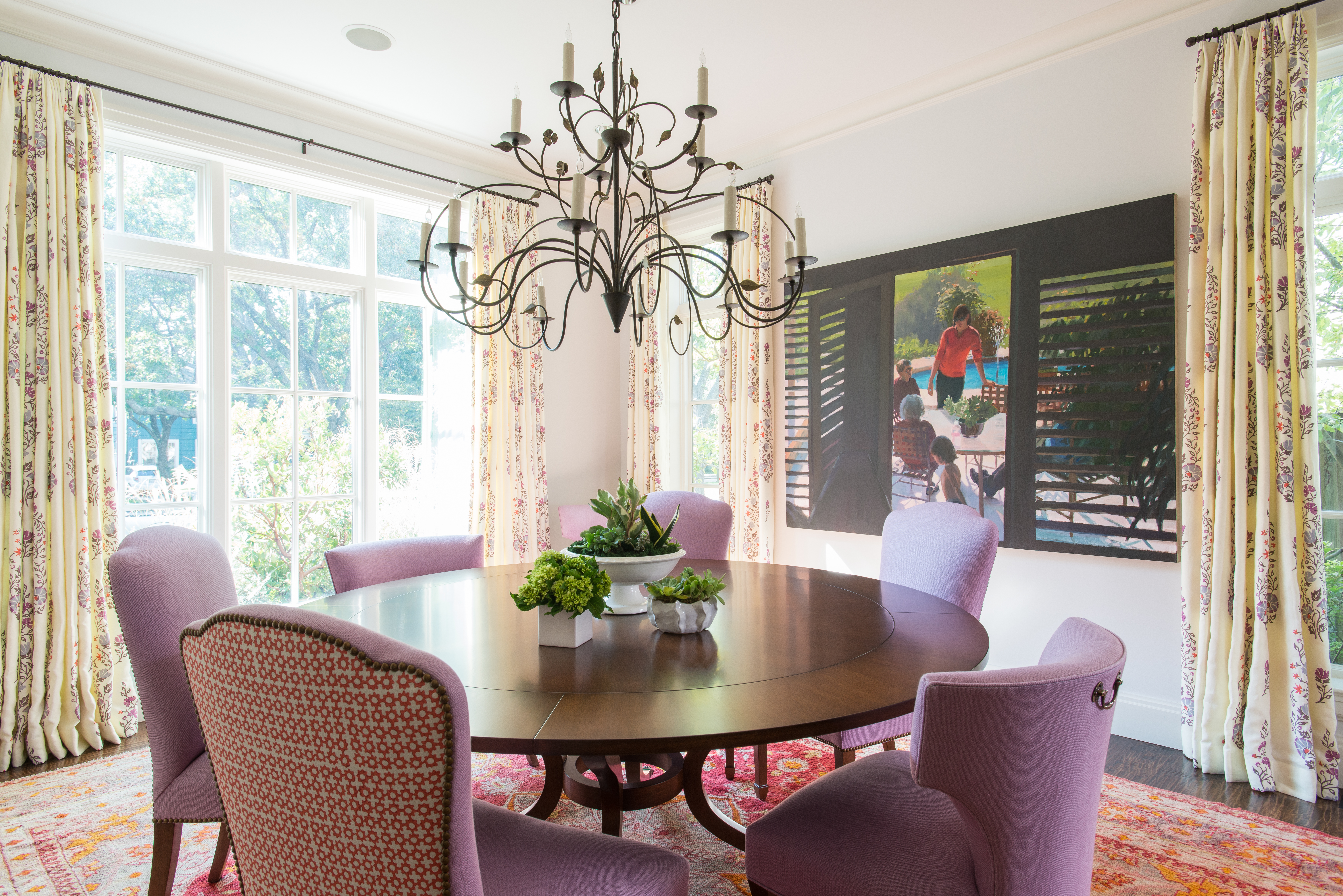 Red and lavender might seem an unlikely color pairing, but in this dining room, Kara Adam shows how to make it work: Start with a neutral foundation, and ensure that no one color or pattern overwhelms the room. See more of this Dallas home here. Photo by Michael Hunter.
