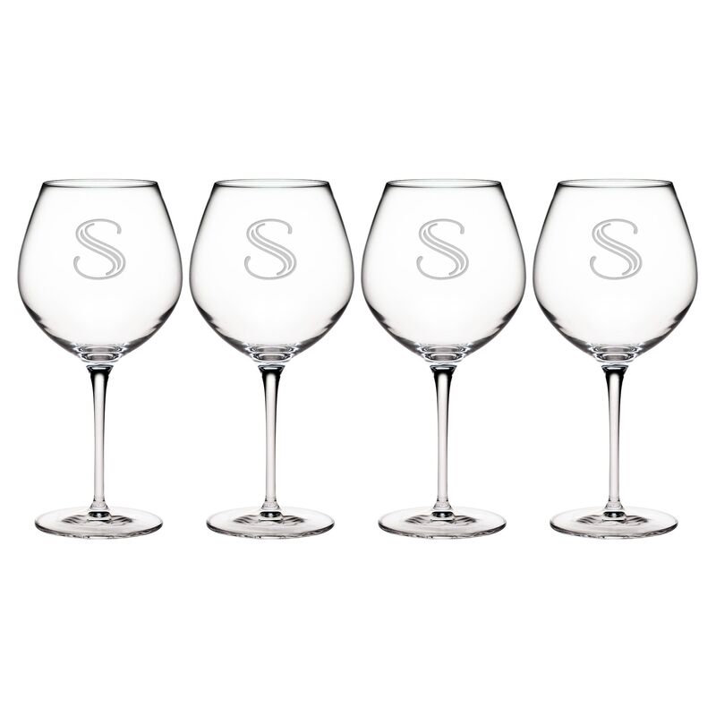 S/4 Hudson Monogram Burgundy Wineglasses, Clear