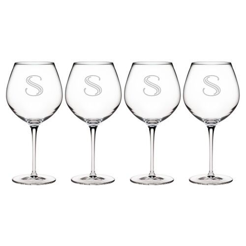 S/4 Hudson Monogram Burgundy Wineglasses, Clear~P77100122