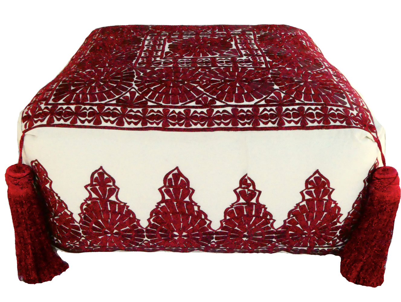 Red Hand Embroidered Linen Pouf~P77654997