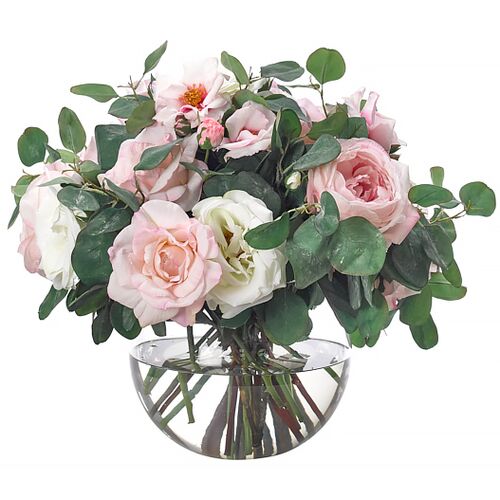 17" Roses in Glass Bubble Vase, Faux