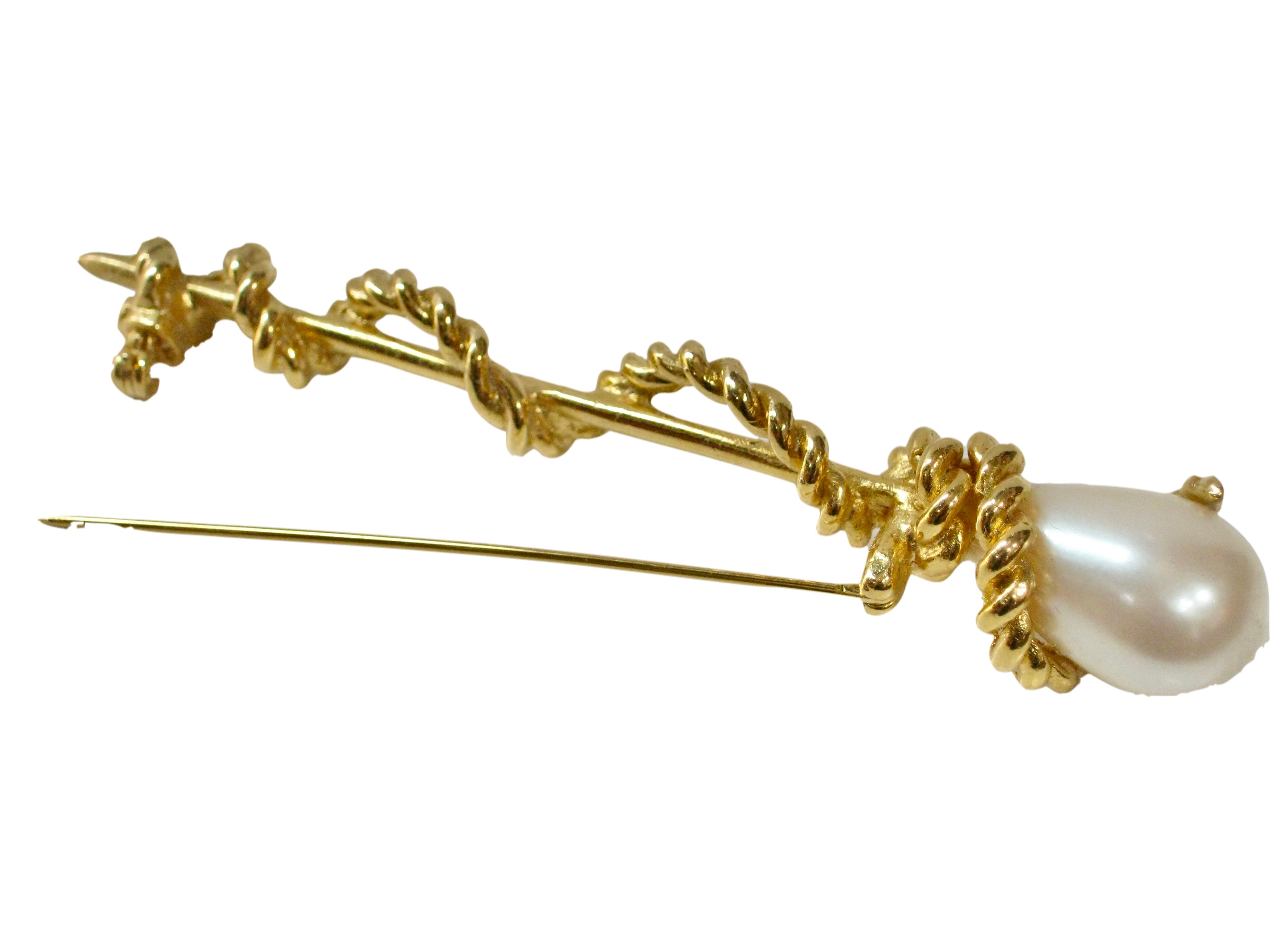 1980s Gold Twisted Cable Pearl Brooch~P77647331