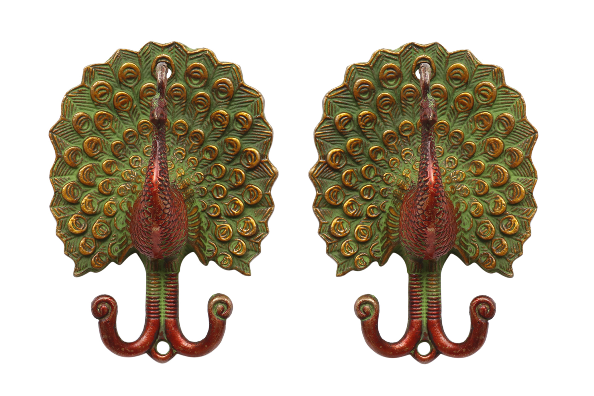 Green & Red Brass Peacock Wall Hooks~P77684370