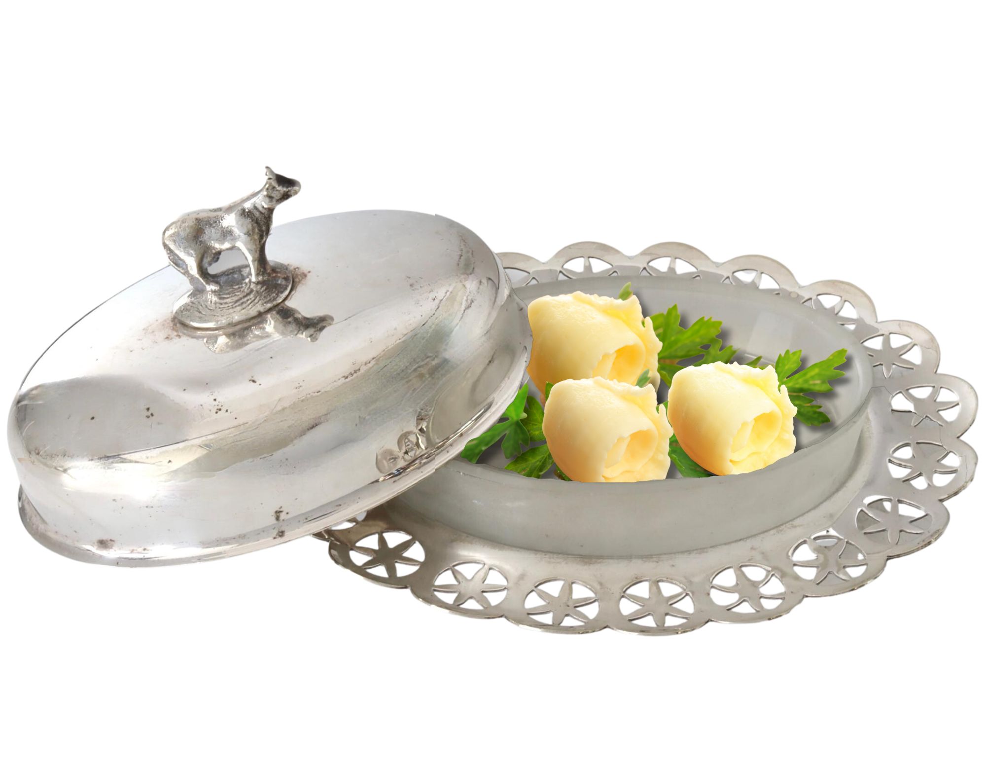 English Silver-Plate Butter Dish w/Cow~P77681122