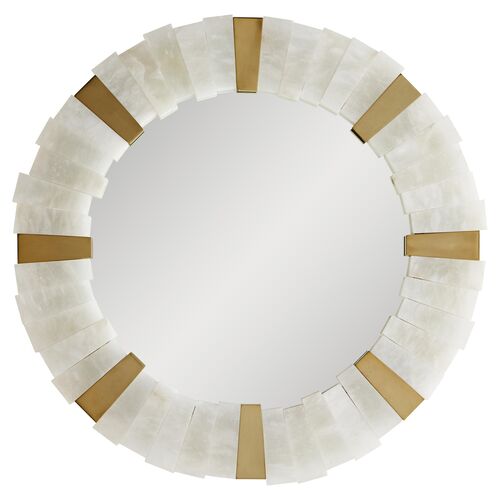 Von-Webber Marble 32" Round Wall Mirror, White/Antique Brass~P77565872