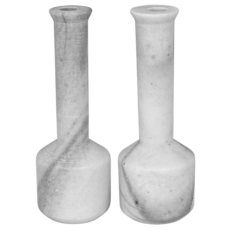 S/2 Markos Marble Candleholders, White
