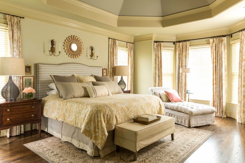 The bedroom’s palette may be limited, but the layering of rich patterns provides a wealth of visual interest.
