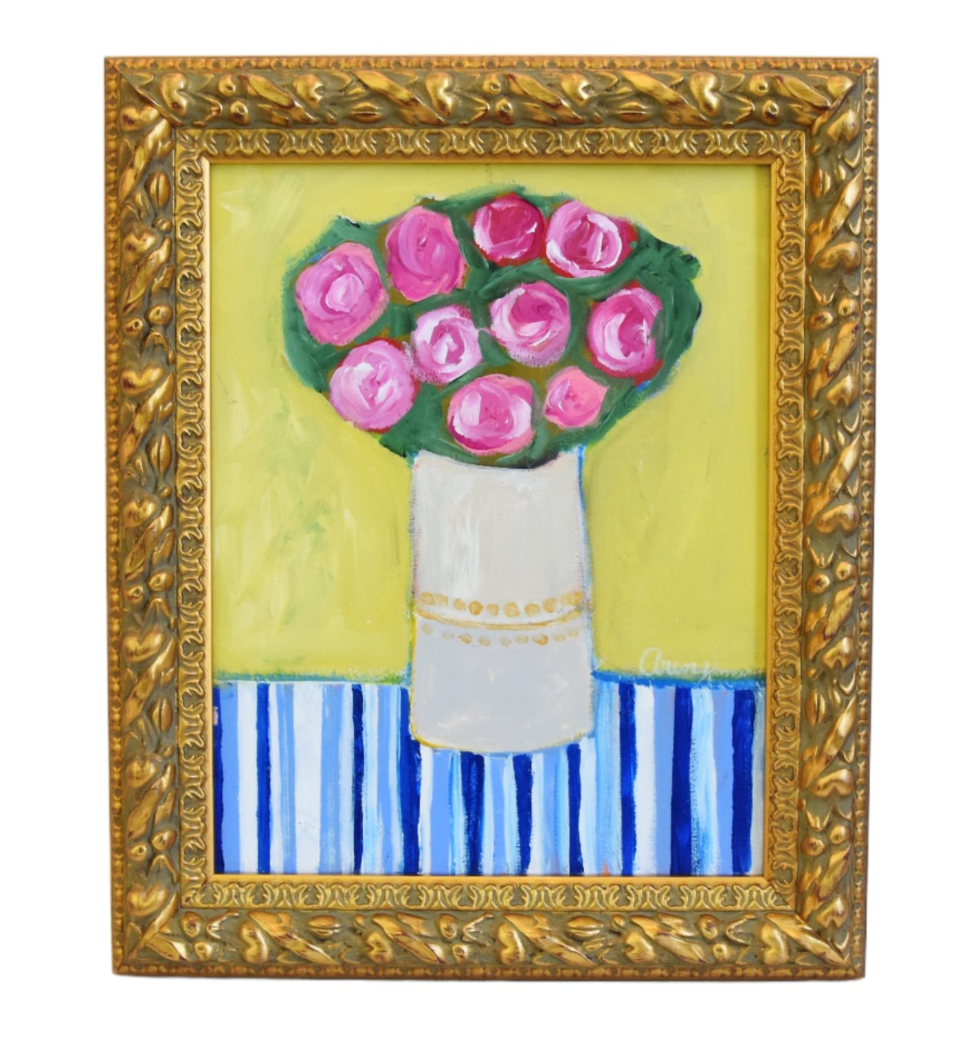 Impressionist Vase Pink Roses Painting~P77694672