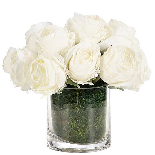 8" Rose Arrangement with Moss in Glass Cylinder, Faux