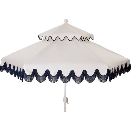 Daiana Two-Tier Fringe Patio Umbrella, White/Navy Fringe~P77524367