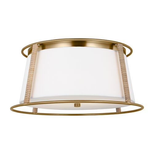 Cortes Transitional Medium 2-Light Dimmable Rattan Wrapped Flush Mount Ceiling Light, Satin Brass Gold/White Linen