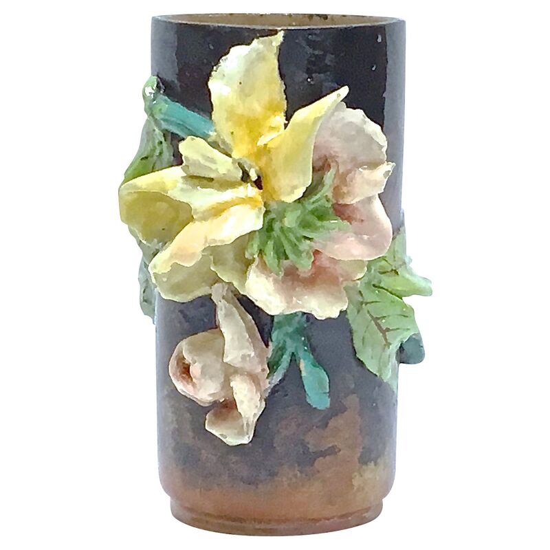 French Barbotine Floral Majolica Vase