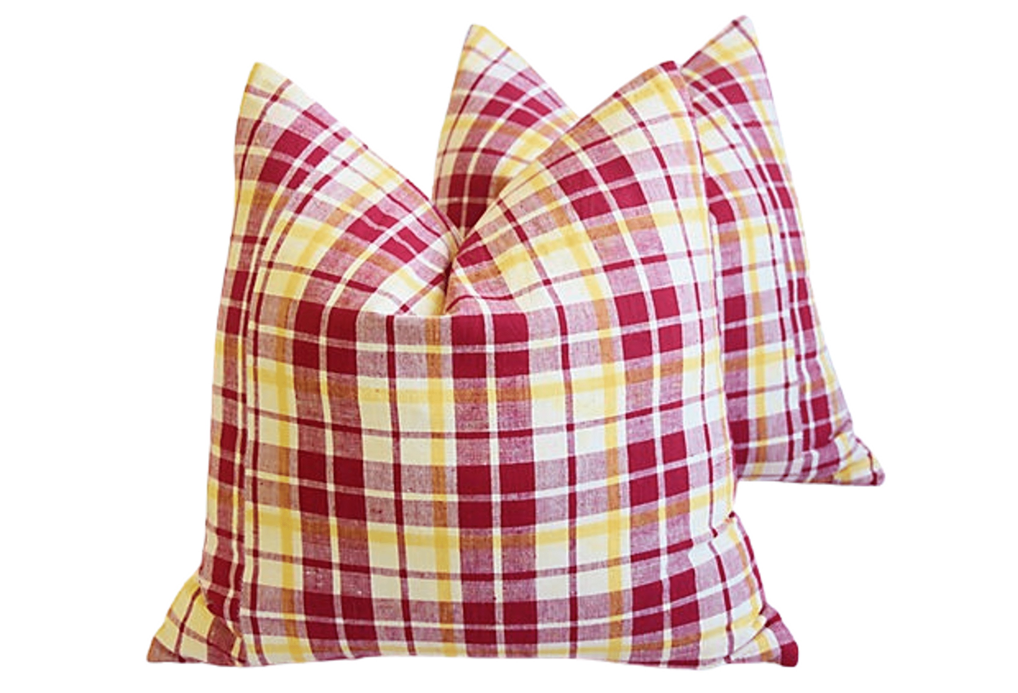 French Red & Yellow Plaid Pillows, Pair~P77596306