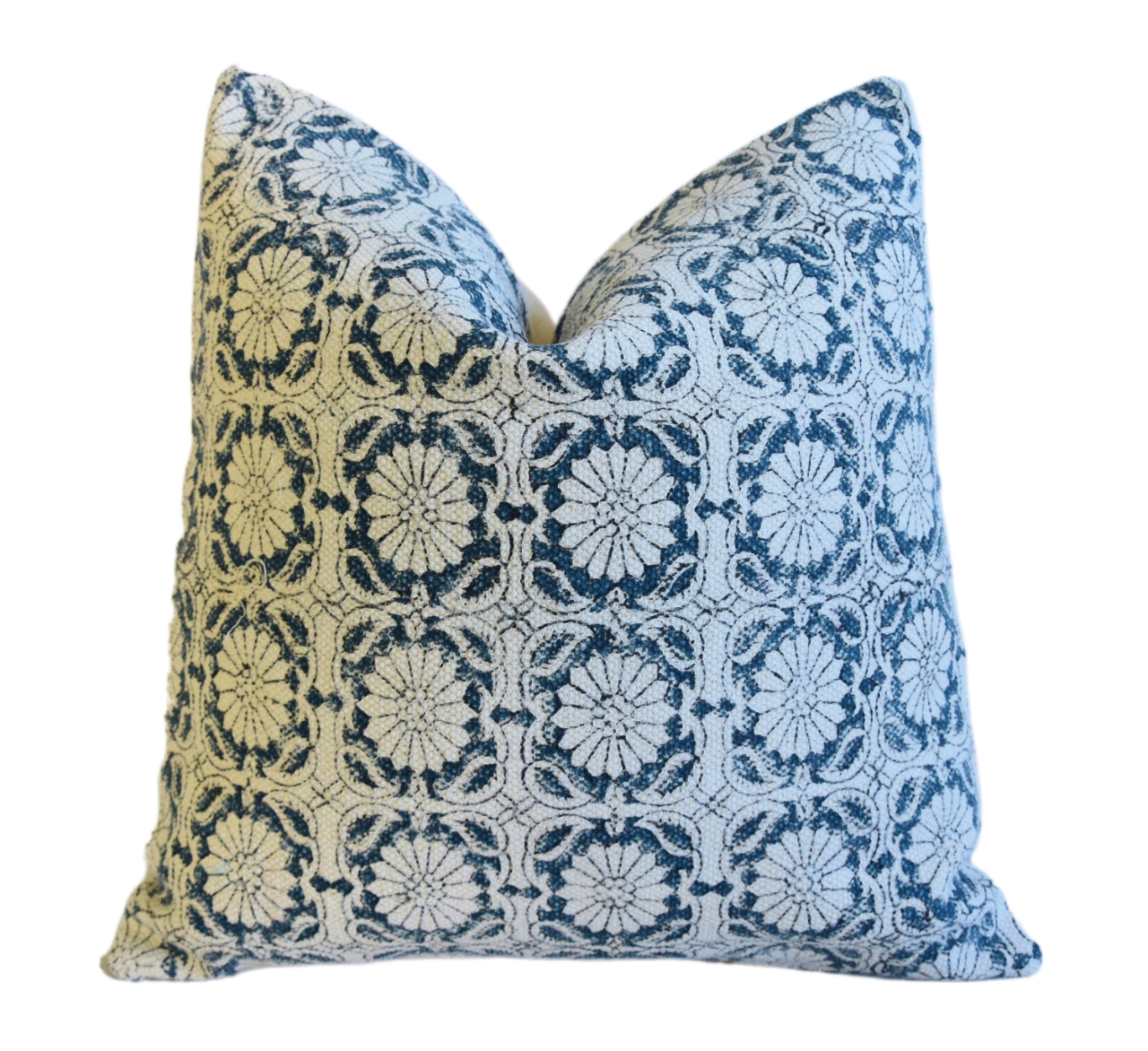 Hand-Printed Blue Floral Cotton Pillow~P77669691