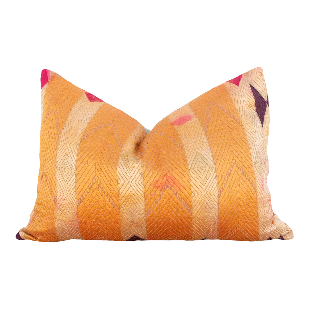 Saffron Bloom Silk Phulkari Pillow~P77669114