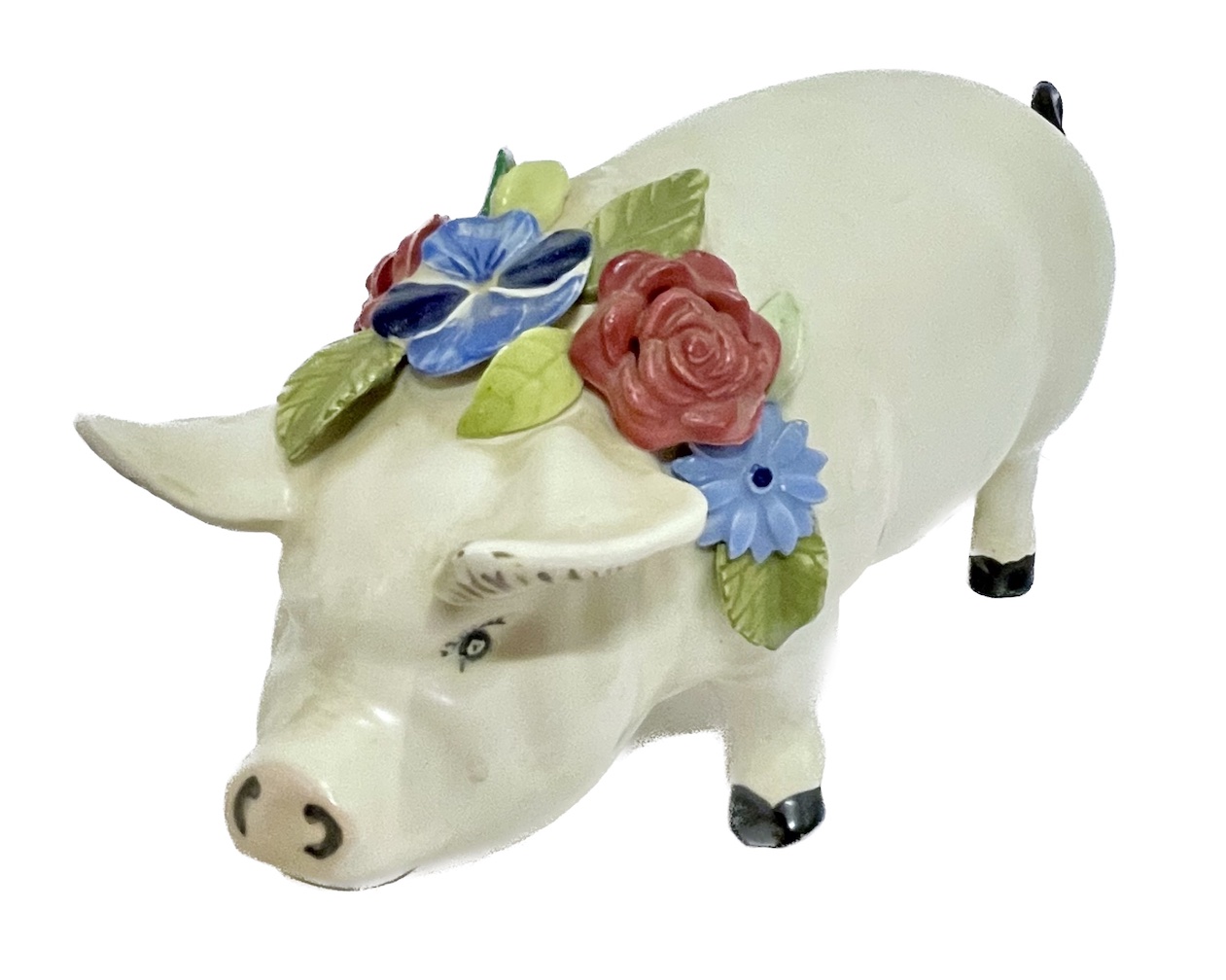Majolica Pig Wearing Flowers Figurine~P77687286
