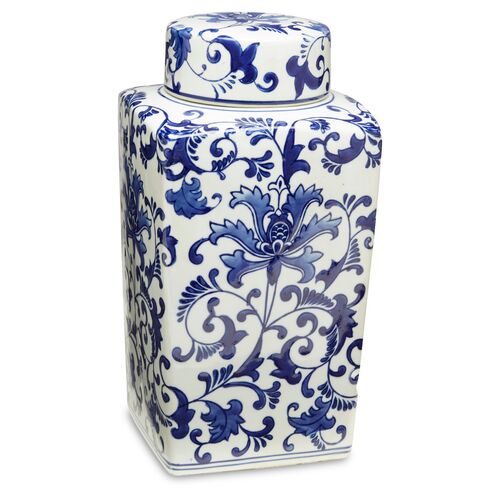 12" Floral Square Lidded Jar, Blue~P77264204