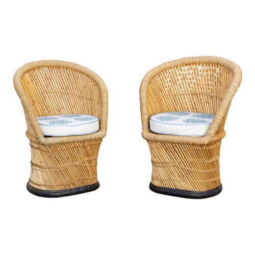 Pair of Cane & Jute Indian Club Chairs~P77662729