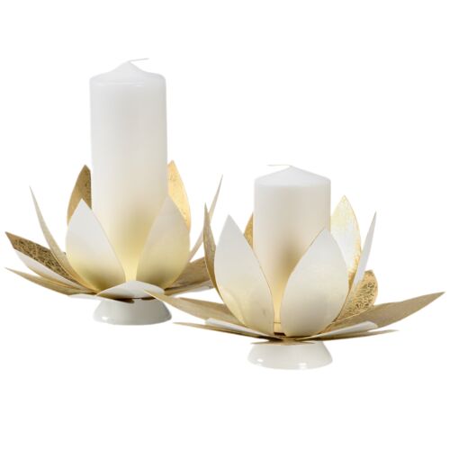 S/2 Steel Lotus Candleholders, White/Gold