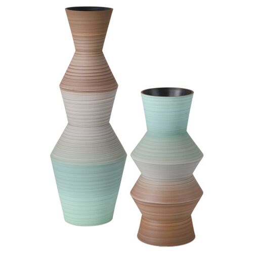 S/2 Happy 80's Porcelain Vases, Brown/Pale Blue