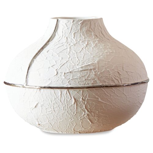 11" Parchment Wide Vase, Matte White/Silver~P77423052