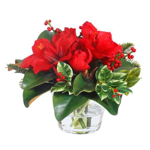 12" Holly & Amaryllis Mix w/ Round Vase, Faux~P77507972