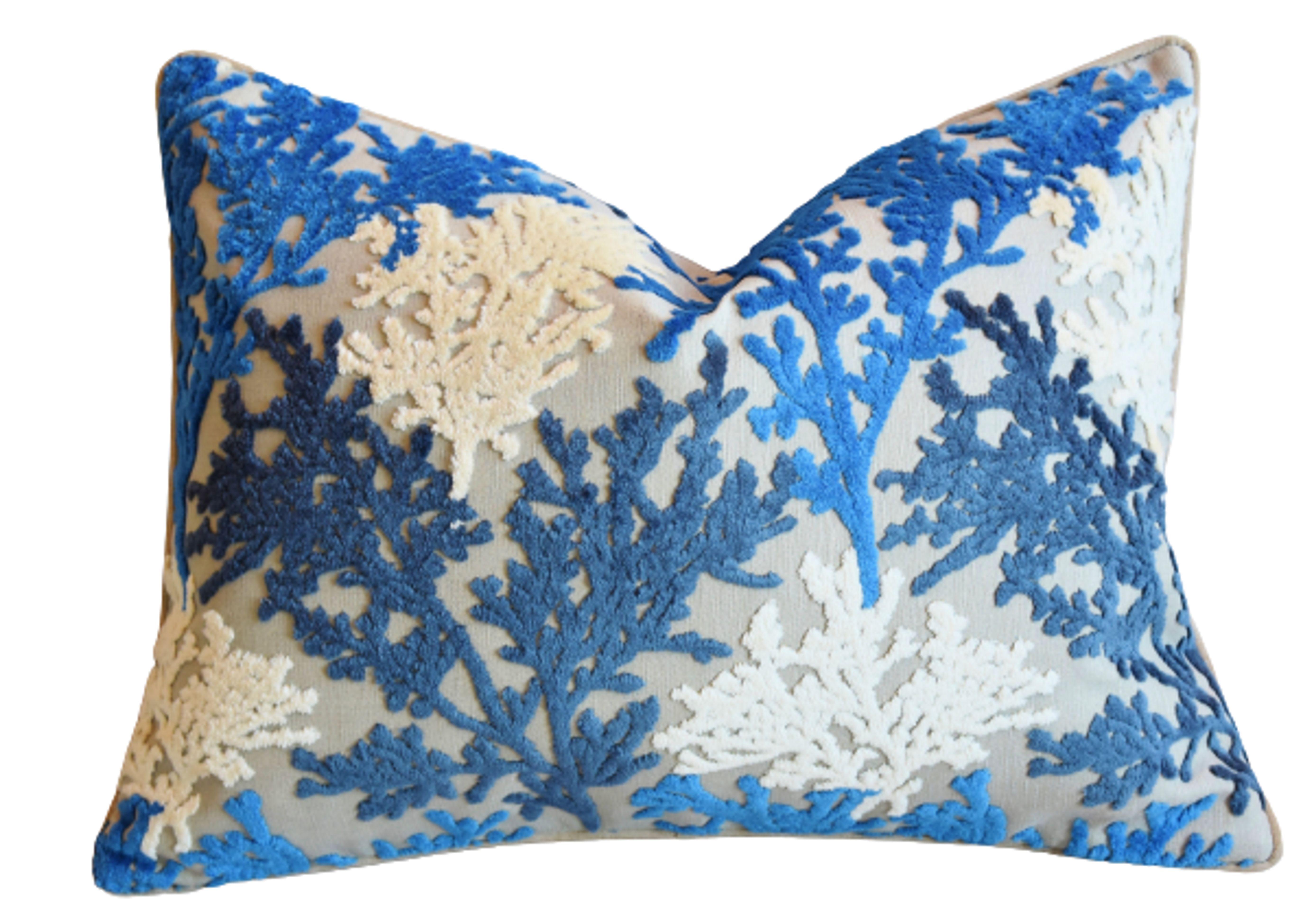 Blue White Coral Nautical Velvet Pillow~P77669957