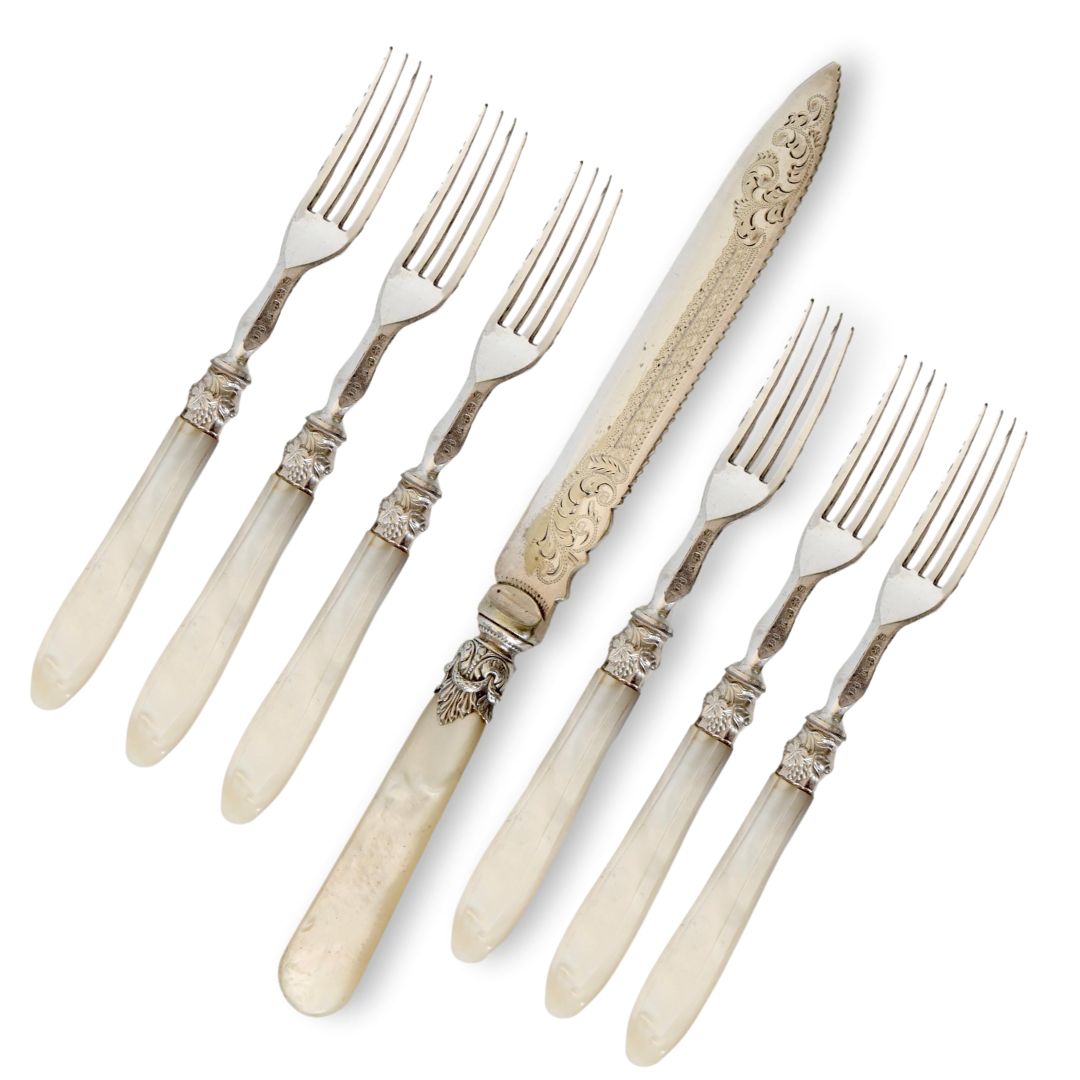 Antique Pearl Handle Cake Knife & Forks~P77687564