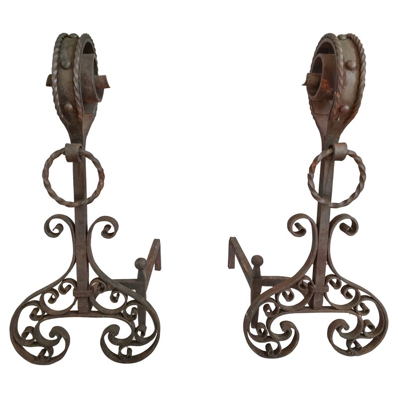 19th-C. French Andirons, Pair
