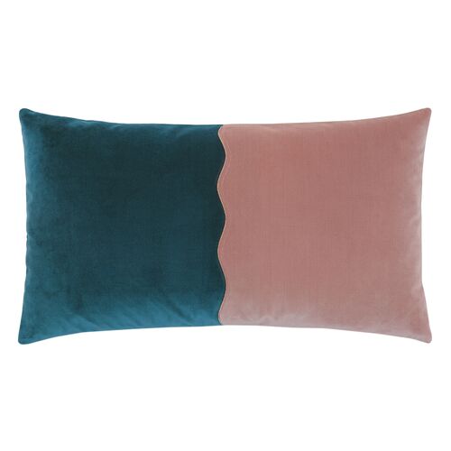 Lina Colorblock Scallop Velvet Lumbar Pillow, Pink/Blue