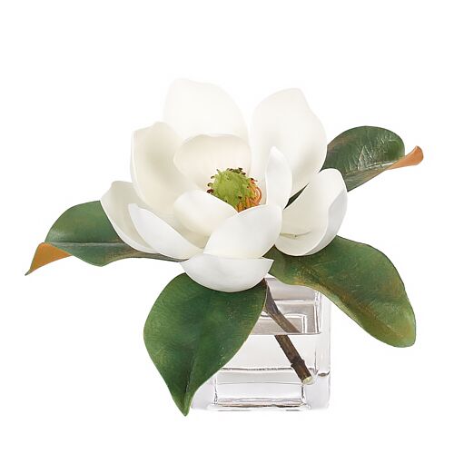 7" Magnolia in Glass Cube Vase, Faux
