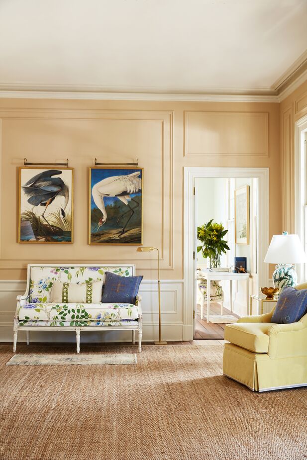 Shown above: Ashlee Jute Rug, James Settee in Lemon/Bird Floral, Marlowe Swivel Club Chair in Canary Yellow.
