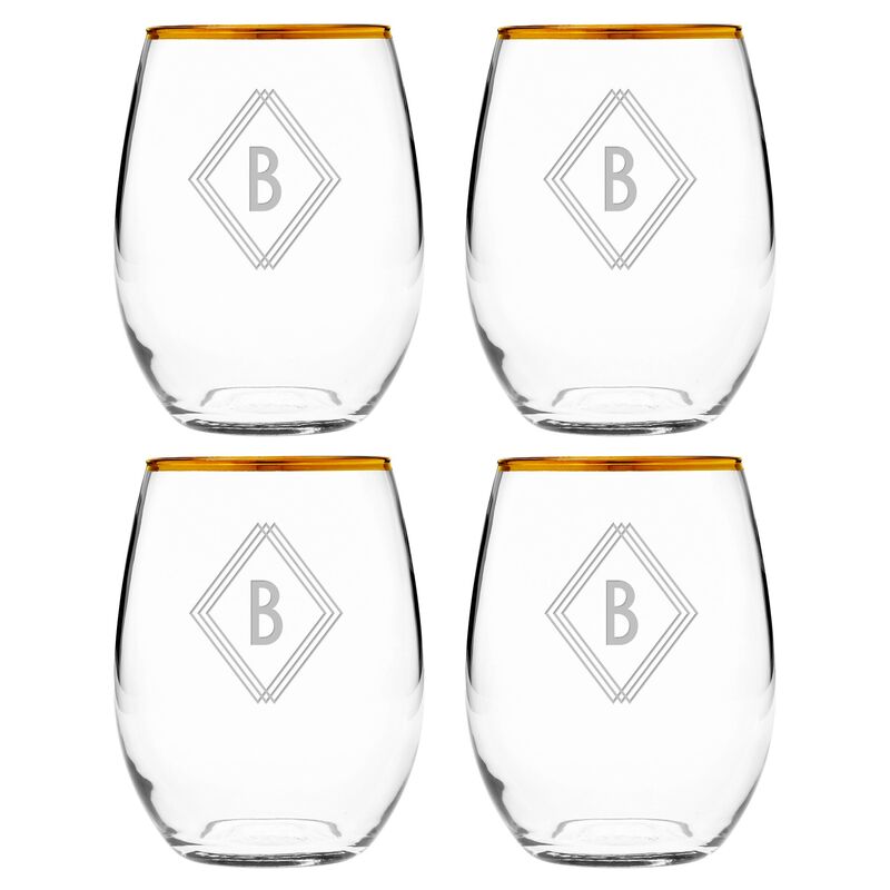 S/4 Deco Monogram Stemless Wineglasses, Gold/Clear