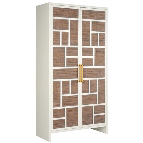Abel Wood Cane Cabinet, White/Brown