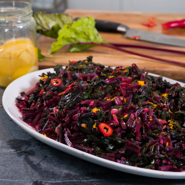 Pro tip: Crush your ginger with the side of a knife before mincing. Also, keep the stems on your beet greens for added crunch.  
